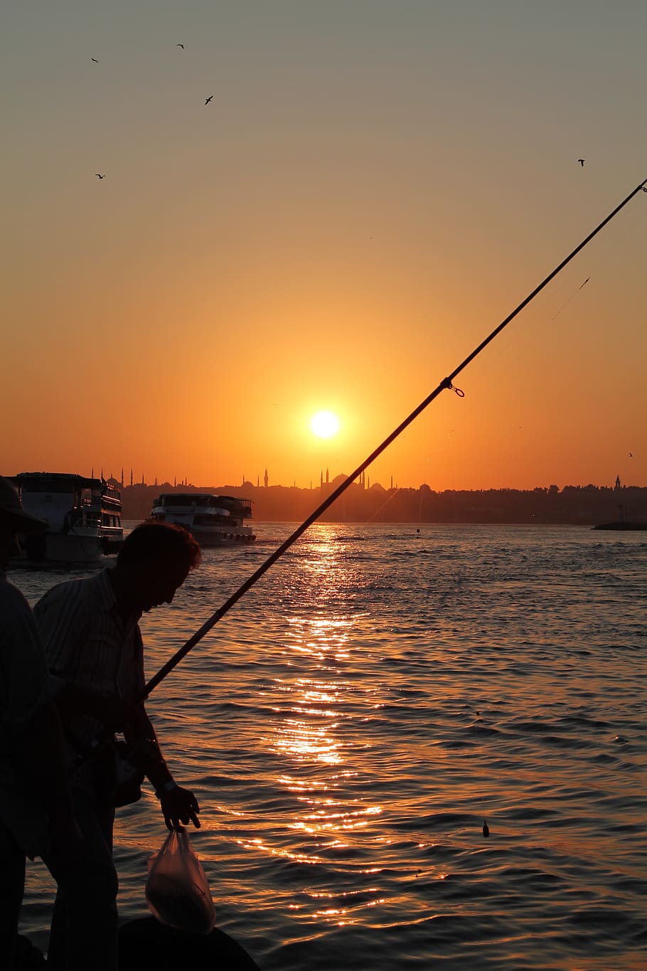 tacchino, Istanbul, tramonto, polo, uccelli, moschea, bosphorus, medio Oriente, acqua, arancia, Islam, pesca, cielo, colore arancione, sole, persone reali, attività, bellezza nella natura, scenics - natura, silhouette, riflessione, canna da pesca, asta, una persona, natura, occupazione, mare, stili di vita, all'aperto, industria ittica, pescatore, luminosa, 4K