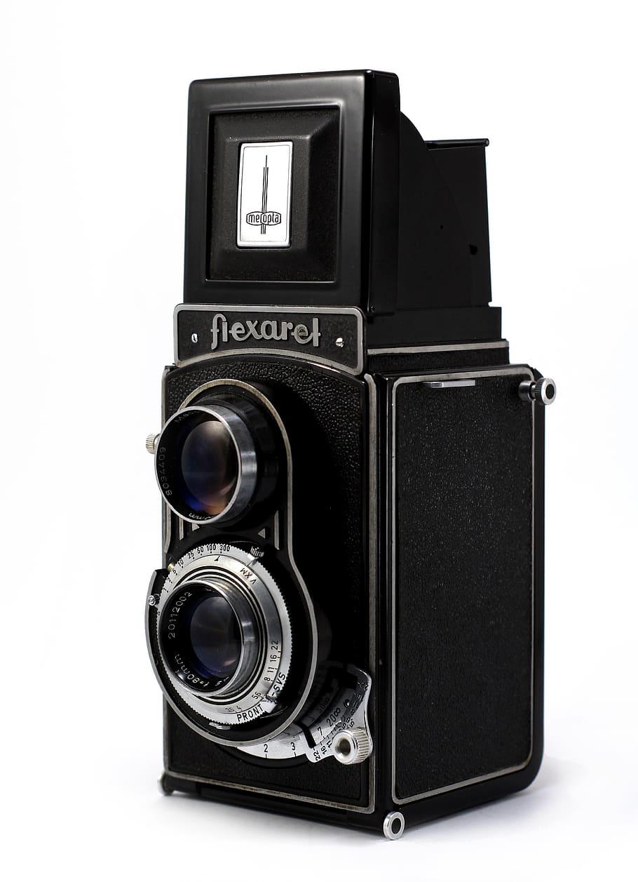 slr, vell, càmera, analògic, foto, flexaret, càmera - equip fotogràfic, temes de fotografia, tecnologia, tir de l'estudi, tallar, equip fotogràfic, estil retro, fons blanc, a l'interior, sol objecte, lent - instrument òptic, natura morta, cap gent, càmera digital, primer pla, antiguitat, color negre, vintage, càmera slr, 4K