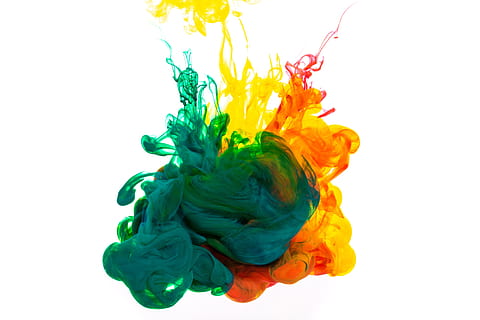 green, orange, yellow, ink cloud photo, Backgrounds, Textures, Abstract, Creative, multi colored, ink, motion, cut out, water, green color, creativity, studio shot, white background, splashing, flowing, paint, drop, sea, vibrant color, exploding, nature, no people, mixing, flowing water, spraying, 4K, CC0, public domain, royalty free