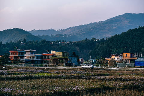 countryside in nepal, mountain, plant, land, architecture, nature, built structure, landscape, environment, rural scene, tree, building, building exterior, field, house, sky, village, scenics - nature, no people, agriculture, beauty in nature, outdoors, 5K, CC0, public domain, royalty free