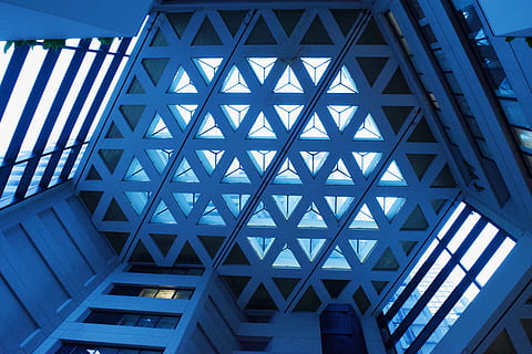 building, window, triangle, skylight, geometric, shapes, blue, architecture, abstract, sphere, housing, porch, office building, countryside, rural, shelter, outdoors, nature, roof, handrail, built structure, low angle view, pattern, building exterior, no people, geometric shape, day, ceiling, repetition, design, glass - material, sunlight, modern, shape, girder, 4K, CC0, public domain, royalty free