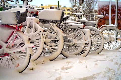 snö, vinter-, vintrig, kall, vit, snöfall, snötäckt, humör, snölandskap, cyklar, snödriva, vinterstämning, snöig, vintertid, vinterkylning, frost, vinterintryck, isig, intryck, kall temperatur, transport, dag, transportsätt, vit färg, beläggning, landfordon, cykel, stationär, natur, inget folk, arkitektur, frysta, utomhus, fält, på rad, byggd struktur, hjul, eker, 4K, CC0, offentligt domän, royaltyfria