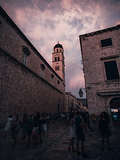 bricked building, architecture, building, church, croatia, europe, street, tower, town, building exterior, built structure, group of people, sky, cloud - sky, real people, city, men, women, nature, walking, sunset, lifestyles, people, place of worship, religion, adult, outdoors, 5K, CC0, public domain, royalty free