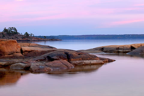 Canada, killbear park, vand, himmel, skønhed i naturen, klippe, rock-objekt, scenics - natur, solid, ro, hav, solnedgang, rolig scene, sky - himmel, natur, afspejling, rock formation, ingen mennesker, ikke-urbane scene, strand, udendørs, klippekyst, 5K, CC0, offentligt domæne, royaltyfrie