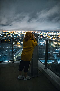 woman, looking, tower viewer, beautiful, binoculars, city, clouds, downtown, evening, girl, night, person, rooftop, sky, street, viewing, wear, weather, rear view, architecture, building exterior, cloud - sky, cityscape, one person, built structure, illuminated, leisure activity, standing, full length, real people, lifestyles, nature, women, city life, looking at view, outdoors, hood - clothing, warm clothing, 5K, CC0, public domain, royalty free