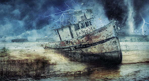 boat, wreckage, storm, tornado, lightening, bad weather, rain, destruction, rotten, abandoned, moody, angry, clouds, manipulation, remains, point reyes, old, wooden, beached, deteriorated, nautical vessel, ship, water, transportation, mode of transportation, shipwreck, sea, damaged, nature, obsolete, decline, sinking, deterioration, rusty, run-down, bad condition, land, outdoors, no people, ruined, sailboat, passenger craft, 4K, CC0, public domain, royalty free