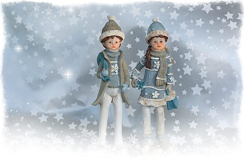 figuur, standbeeld, speelgoed-, voorwerp, Kerstmis, vieren, viering, kinderjaren, kijkend naar de camera, nakomelingen, fantasie, kind, vooraanzicht, pret, droomachtige, meisjes, portret, vrouwtjes, sneeuw, mensen, koude temperatuur, vrouw, creativiteit, zus, sneeuwen, onschuld, 2K, CC0, publiek domein, royaltyvrij