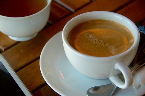 coffee, food and drink, drink, coffee - drink, cup, mug, refreshment, saucer, coffee cup, table, crockery, hot drink, high angle view, spoon, freshness, still life, indoors, food, close-up, kitchen utensil, no people, tea cup, non-alcoholic beverage, sugar cube, 2K, CC0, public domain, royalty free