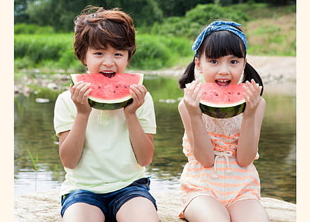 iii, child, childhood, food and drink, looking at camera, girls, food, offspring, watermelon, wellbeing, portrait, healthy eating, females, happiness, two people, front view, sitting, fruit, togetherness, smiling, cheerful, bangs, outdoors, hairstyle, , CC0, public domain, royalty free