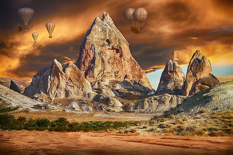 muntanya, cel, núvols, posta de sol, globus, escènic, aventura, escenics - natura, rock, bellesa a la natura, rock - object, formació de roca, medi ambient, escena no urbana, destinacions de viatge, paisatge, naturalesa, sòlid, geografia física, escena tranquil·la, geologia, cap gent, núvol - cel, rock hoodoo, tranquil·litat, erosionat, formació, clima àrid, 5K, CC0, domini públic, lliure de regalies