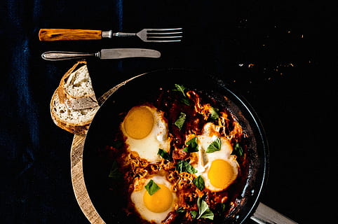 mexican breakfast, bread, breakfast, egg, eggs, knife, mexican, pan, rustique, saucepan, food, food and drink, kitchen utensil, healthy eating, wellbeing, freshness, ready-to-eat, indoors, no people, directly above, eating utensil, household equipment, meal, fork, vegetable, plate, black background, table, serving size, herb, egg yolk, crockery, dinner, garnish, temptation, 1080P, CC0, public domain, royalty free