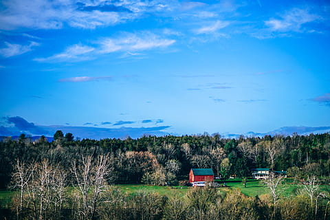 giant red barn, sky, plant, cloud - sky, tree, nature, no people, scenics - nature, landscape, built structure, environment, beauty in nature, architecture, building exterior, building, blue, land, tranquility, growth, mode of transportation, day, outdoors, 5K, CC0, public domain, royalty free