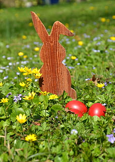 Ostern, Hase, Osterhase, Frühling, Gras, Natur, Ei, Osterthema, Ostereier, wilde Blumen, wilde Blumenwiese, Holz Kaninchen, rot, Gelb, Grün, blühen, altes Holz, bunt, Hasen Ohren, Pflanze, Blume, blühende Pflanze, Frische, Wachstum, Feld, Land, keine Leute, Tag, grüne Farbe, Nahansicht, Lebensmittel, Schönheit in der Natur, Kunst und Handwerk, draußen, Zerbrechlichkeit, Kreativität, 4K, CC0, gemeinfrei, lizenzfrei