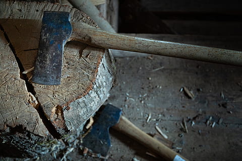 two hatchets, metal, indoors, rusty, work tool, no people, close-up, old, hand tool, selective focus, tool, industry, day, focus on foreground, still life, workshop, equipment, high angle view, metal industry, hammer, 5K, CC0, public domain, royalty free