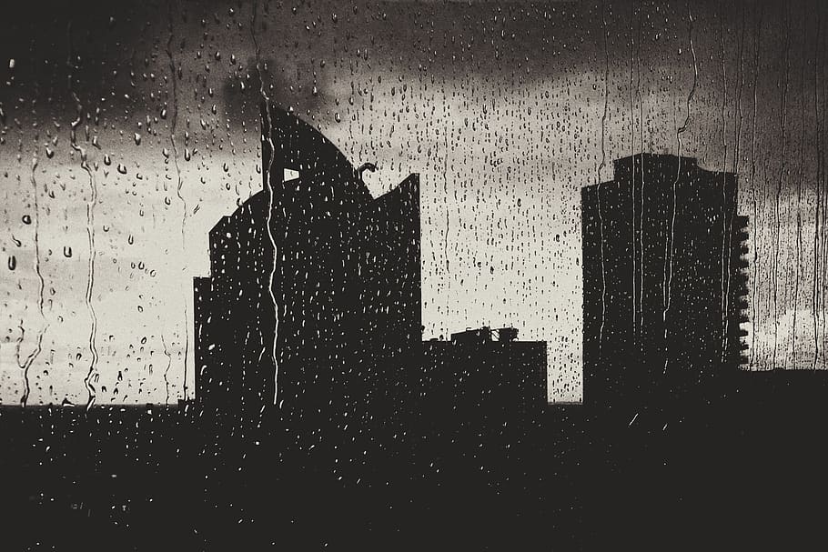 raining, rain drops, window, wet, apartments, buildings, architecture, storm, grey, sky, clouds, silhouette, drop, water, indoors, built structure, rain, no people, glass - material, transparent, nature, close-up, city, glass, rainy season, raindrop, office building exterior, skyscraper, 1080P