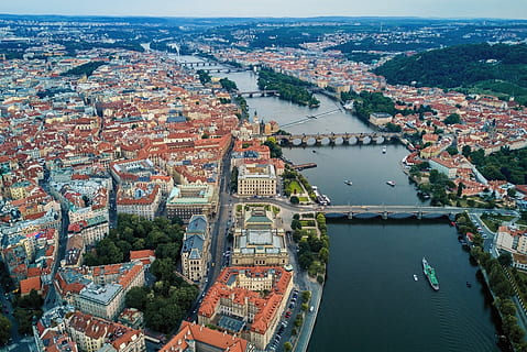 amazing, historic, centre, prague, aerial, view, water, architecture, built structure, building exterior, city, high angle view, cityscape, aerial view, transportation, building, river, connection, nature, bridge, travel, day, nautical vessel, tourism, no people, bridge - man made structure, outdoors, 4K, CC0, public domain, royalty free