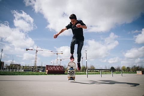 man using skateboard, person, human, people, blagnac, blagnac skatepark, france, jump, board, skate, white, sunlight, shadow, park, sky, cloud, blue, cloudy, bicycle, bike, transportation, full length, cloud - sky, sport, real people, day, one person, nature, leisure activity, skateboard, mid-air, balance, men, outdoors, sports equipment, architecture, helmet, lifestyles, skateboard park, skill, human arm, adolescence, 4K, CC0, public domain, royalty free