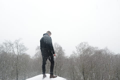 træer, Skov, sne, kold, klima, portræt, model, sort, grene, himmel, klippe, klint, en person, vinter, kold temperatur, stående, bagfra, rigtige mennesker, livsstil, natur, herrer, træ, dag, fuld længde, fritidsaktivitet, bare træ, plante, varme tøj, udendørs, sner, overvejelse, ekstremt vejr, 5K, CC0, offentligt domæne, royaltyfrie