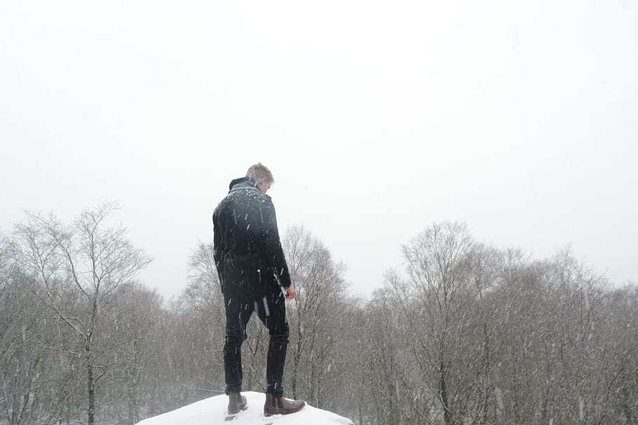 træer, Skov, sne, kold, klima, portræt, model, sort, grene, himmel, klippe, klint, en person, vinter, kold temperatur, stående, bagfra, rigtige mennesker, livsstil, natur, herrer, træ, dag, fuld længde, fritidsaktivitet, bare træ, plante, varme tøj, udendørs, sner, overvejelse, ekstremt vejr, 5K