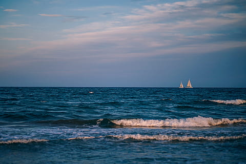 two tiny boats, sea, water, sky, horizon, horizon over water, beauty in nature, scenics - nature, nautical vessel, cloud - sky, waterfront, transportation, motion, sailing, nature, sailboat, mode of transportation, tranquility, tranquil scene, no people, 5K, CC0, public domain, royalty free