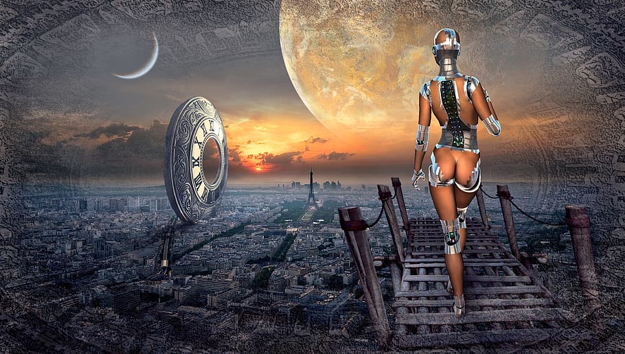 fantasia, lluna, composició, atmosfèric, dona, femella, llum, bonic, planeta, ciutat, paris, ovni, endavant, figura, ciència ficció, robot, passarel·la, tarda, posta de sol, abendstimmung, cel, de peu, naturalesa, una persona, longitud completa, persones reals, aigua, dones, bellesa a la natura, mar, adult jove, estils de vida, núvol - cel, a l'aire lliure, adult, dones joves, roba, terra, astronomia, 2K