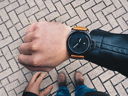 lunch, dinner, clock, leather, arm, black, bricks, first, person, view, top, floor, arrow, pointer, 29, date, number, dark, hand, foot, human body part, body part, real people, time, personal perspective, human hand, men, people, human leg, wristwatch, high angle view, watch, lifestyles, low section, day, street, footpath, city, human limb, outdoors, paving stone, checking the time, wrist, personal accessory, finger, 4K, CC0, public domain, royalty free