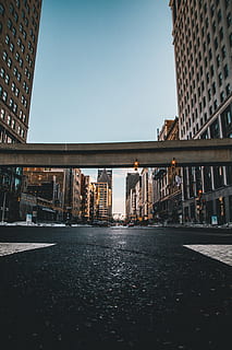 sort metalbro, vej, by, bygning, by-, metropol, downtown, arkitektur, vejkryds, asfalt, kontorbygning, hovedvej, høj stigning, gade, Overføring, fodgænger, gelænder, bygget struktur, bygning udvendig, himmel, natur, skyfri himmel, transportmidler, dag, kontorbygning udvendig, bro, udendørs, ingen mennesker, byliv, forbindelse, vejen frem, kopiere plads, skyskraber, overflade niveau, 5K, CC0, offentligt domæne, royaltyfrie