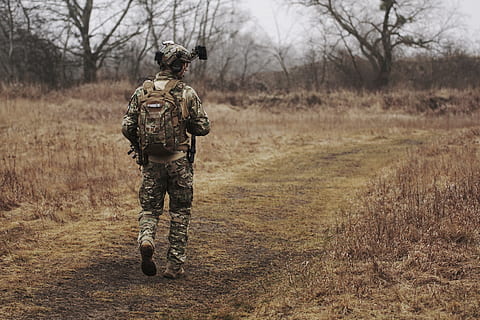 man, wearing, military, uniform, walking, woods, armed, army, back view, backpack, environment, fighter, grass, military uniform, nature, person, service, soldier, unpaved road, armed forces, government, weapon, gun, camouflage clothing, rifle, army soldier, clothing, special forces, security, people, men, full length, adult, land, outdoors, 5K, CC0, public domain, royalty free