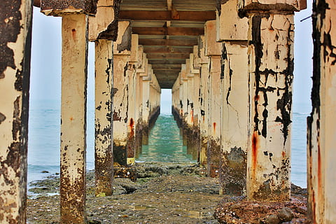 #rust, #bridge, #inception, water, sea, day, built structure, architecture, pier, beach, nature, land, wood - material, no people, direction, diminishing perspective, outdoors, the way forward, sunlight, horizon, sky, tranquility, underneath, 5K, CC0, public domain, royalty free