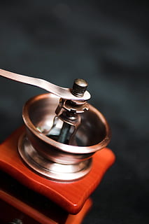 brown, wooden, coffee grinder, coffee, grinder, machine, mill, red, vintage, focus on foreground, no people, close-up, indoors, studio shot, metal, single object, wood - material, music, man made object, high angle view, man made, two objects, black background, day, still life, medical supplies, social issues, gavel, technology, silver colored, 4K, CC0, public domain, royalty free