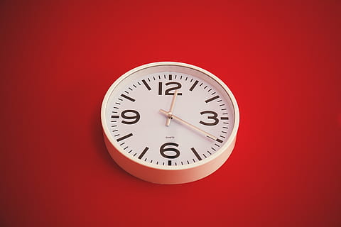 clock, time, numbers, red, wall, deadline, studio shot, number, minute hand, single object, shape, clock hand, cut out, no people, instrument of time, wall - building feature, circle, clock face, urgency, indoors, geometric shape, copy space, hour hand, checking the time, wall clock, 5K, CC0, public domain, royalty free