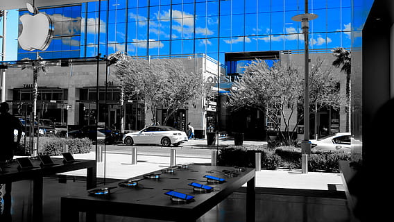 Apple Store, blu, nuvole, architettura, esterno dell'edificio, struttura costruita, città, albero, modo di trasporto, costruzione, veicolo a motore, auto, nessuno, mezzi di trasporto, natura, pianta, riflessione, giorno, vetro - materiale, strada, all'aperto, veicolo terrestre, 4K, CC0, dominio pubblico, privo di copyright