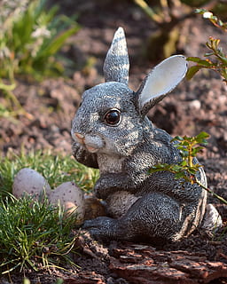 easter, hare, easter bunny, rabbit, cute, spring, easter theme, figure, easter greetings, animal, animal themes, no people, animal wildlife, day, vertebrate, animals in the wild, mammal, nature, close-up, one animal, land, field, focus on foreground, plant, outdoors, sunlight, food, tree, herbivorous, 4K, CC0, public domain, royalty free