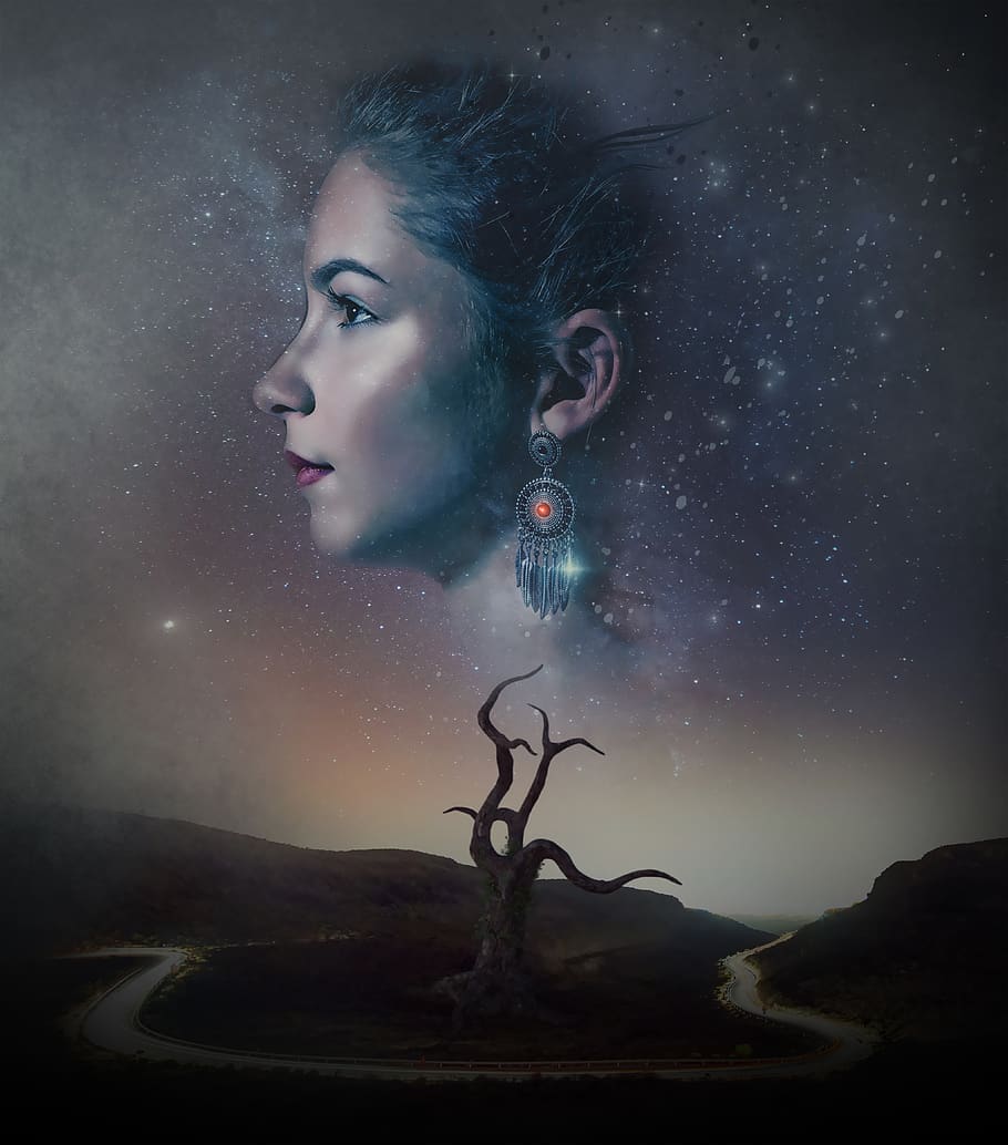 fantasia, buio, Gotico, surreale, ritratto, ritratto di fantasia, femmina, donna, ragazza, giovane, bellezza, modello, sognare, mistero, misterioso, notte, autostrada, montagne, albero, albero morto, stelle, copertina del libro, una persona, stella - spazio, natura, giovane adulto, cielo, composito digitale, giovani donne, colpo alla testa, persone reali, astronomia, galassia, analizzare, cercare, guardare, vista frontale, bella donna, contemplazione, 5K
