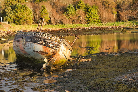 ship wreck, wreck, ireland, galway, stranded, oran more, weathered, ship, boat, bank, damaged, coast, water, nautical vessel, transportation, mode of transportation, abandoned, shipwreck, reflection, day, nature, no people, tree, lake, beach, decline, moored, obsolete, deterioration, outdoors, sinking, rowboat, 5K, CC0, public domain, royalty free