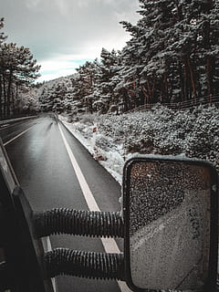 sort vingespejl, gelænder, plante, træ, abies, gran, vej, natur, sne, van, rækværk, nåletræ, nomade, autocamper, fyrretræer, dæk, maskine, hjul, asfalt, transportmidler, ingen mennesker, retning, vejen frem, dag, himmel, faldende perspektiv, transportform, land køretøj, udendørs, bil, motor køretøj, vinter, skilt, symbol, 4K, CC0, offentligt domæne, royaltyfrie