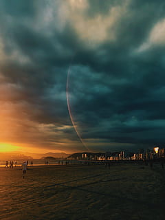 people, standing, beachshore, cloudy, sky, beach, buildings, clouds, dark clouds, dawn, landscape, light, lightning, nature, ocean, rainbow, reflection, sea, seascape, seashore, storm, sun, sunset, water, weather, cloud - sky, architecture, beauty in nature, built structure, scenics - nature, building exterior, land, outdoors, city, incidental people, idyllic, dusk, 4K, CC0, public domain, royalty free