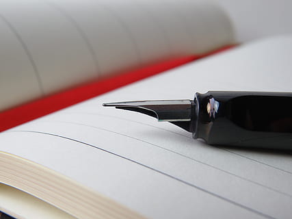 selective, focus photography, calligraphy pen, placed, top, open, notebook, blur, composition, desk, diary, document, education, fountain pen, note, office, page, pen, stationery, still life, write, writing, close-up, writing instrument, no people, paper, indoors, book, publication, table, selective focus, red, two objects, note pad, paperwork, blank, surface level, studying, 4K, CC0, public domain, royalty free