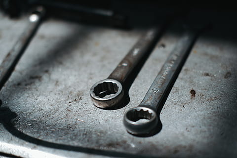 two, gray, close, wrench, metal, close-up, selective focus, indoors, no people, old, high angle view, still life, industry, full frame, technology, backgrounds, focus on foreground, machine part, rusty, circle, geometric shape, work tool, factory, alloy, steel, 5K, CC0, public domain, royalty free