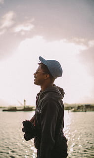 man, standing, wearing, black, jacket, water, one person, sky, side view, leisure activity, lifestyles, real people, waist up, nature, day, men, young men, cloud - sky, lake, young adult, looking, looking away, outdoors, contemplation, 4K, CC0, public domain, royalty free