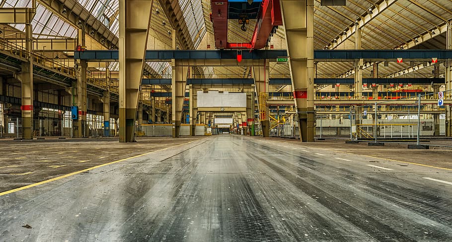 gray, concrete, building, interior, ], architecture, crane, empty, factory, grinder, hall, indoors, industrial, industrial plant, industry, production, road, steel, terminal, traffic, train, transportation system, urban, built structure, warehouse, domestic room, transportation, no people, business, distribution warehouse, freight transportation, large group of objects, shipping, day, industrial building, abundance, retail, 5K