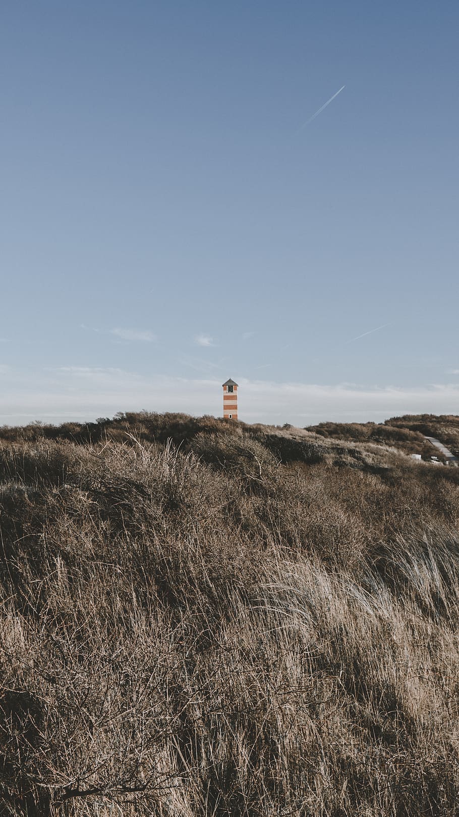 vit, röd, fyrtornet, byggnad, arkitektur, torn, fyr, utomhus, växt, gräs, natur, fält, panorama-, landskap, backe, gräsmark, fritidsaktiviteter, äventyr, bunkra, hus, landsbygden, himmel, landa, miljö, lugn, dag, byggd struktur, byggnad exteriör, scenics - natur, lugn plats, inget folk, vägledning, 4K