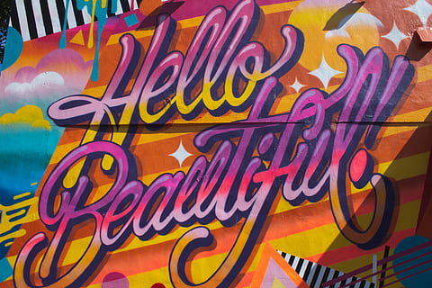 hello beautiful text, text, art, graffiti, mural, painting, alphabet, wall, advertisement, poster, arcade game machine, calligraphy, handwriting, modern art, hostel, building, housing, inflatable, kindergarten, leisure activities, light, multi colored, western script, no people, communication, pattern, close-up, creativity, art and craft, day, design, outdoors, full frame, backgrounds, sign, detail, emotion, nature, message, 5K, CC0, public domain, royalty free
