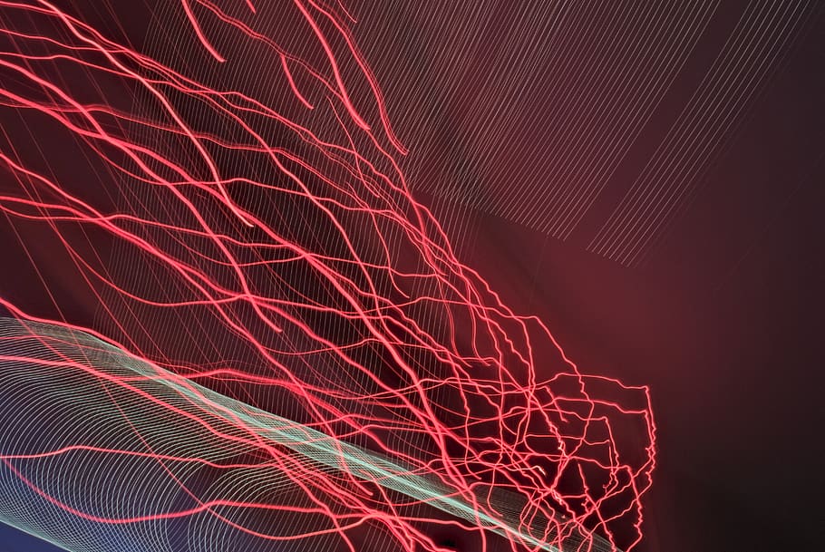 llum, led, ratlles, resum, exposició llarga, llamps, vermell, blanc, blau, línies, patró, il·luminat, cap gent, pintura de llum, nit, brillant, sender lleuger, moviment, complexitat, fons, marc complet, moviment borrós, llum - fenomen natural, creativitat, a l'interior, tecnologia, electricitat, 4K