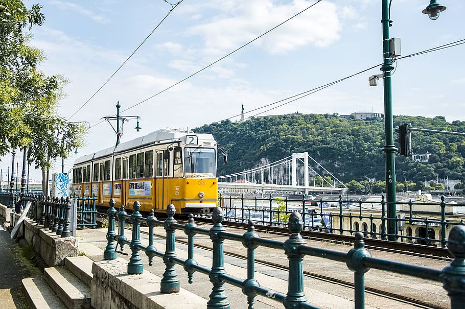 trenino giallo, budapest, tram, mezzi di trasporto, veicolo, treno, Ungheria, funivia, carrello, ringhiera, linea, trasporto, albero, pianta, flora, conifera, urbano, Riva del fiume, pubblico, ponte, cielo, natura, modo di trasporto, trasporto ferroviario, ferrovia, trasporto pubblico, connessione, treno - veicolo, giorno, struttura costruita, nuvola - cielo, traccia, cavo, architettura, acqua, elettricità, all'aperto, Alimentazione elettrica, 5K
