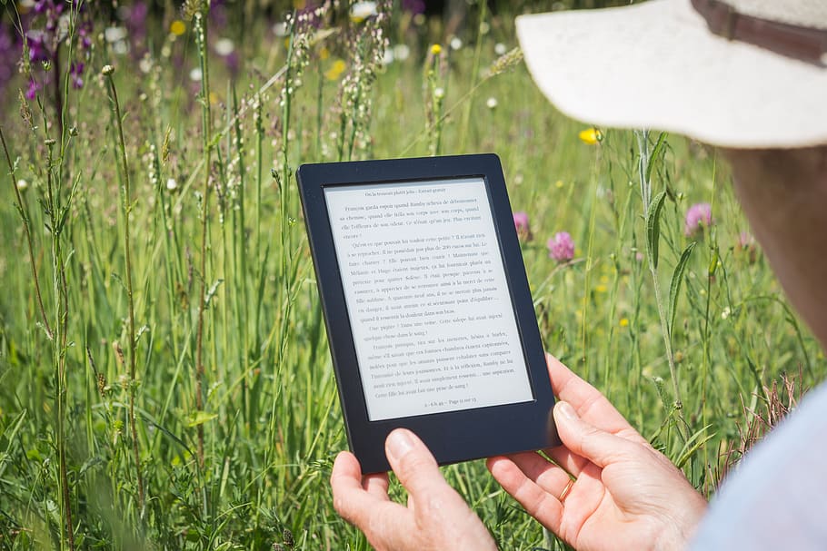 llum de lectura, kobo, digital, llegir, camps, naturalesa, llibre, pantalla, tecnologia, primavera, estiu, lectura, lector, descans, planta, tecnologia sense fils, comunicació, mà humana, celebració, herba, mà, camp, part del cos humà, portabilitat, connexió, gent, color verd, adult, tauleta digital, creixement, a l'aire lliure, 2K