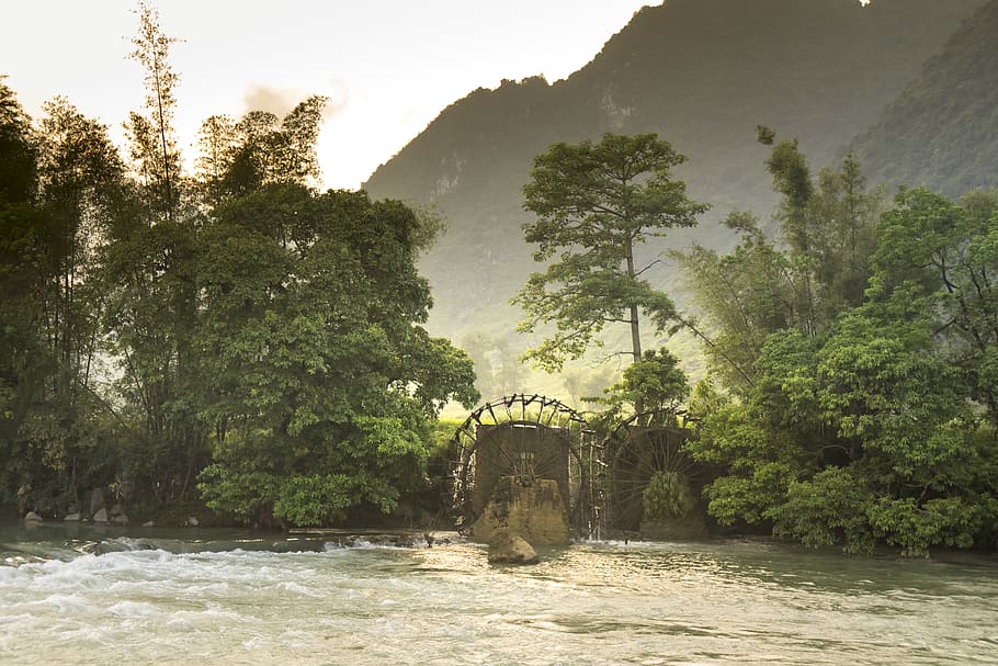 grünblättrige Bäume, eine lange, Fluss, wunderschönen, Kaskade, Tageslicht, Umgebung, Nebel, Grün, Landschaft, Berg, Natur, draußen, Regenwald, szenisch, Sommer-, Tourismus, Reise, Bäume, Wasser, Wasserrad, Holz, Wald, Baum, Pflanze, Ufergegend, Schönheit in der Natur, Wachstum, keine Leute, Tag, Szenen - Natur, fließendes Wasser, grüne Farbe, Land, Brücke, Verbindung, Brücke - künstliche Struktur, gebaute Struktur, fließend, 5K