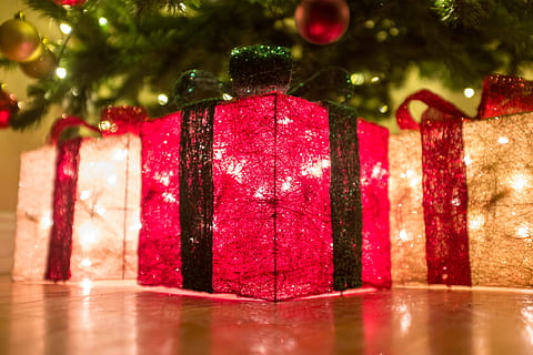 christmas, parcel, light, tree, jolly, present, seasonal, festive, glow, bauble, decoration, celebration, holiday, christmas tree, red, plant, illuminated, christmas decoration, no people, close-up, christmas ornament, holiday - event, indoors, christmas lights, event, gift, bright, ornate, 4K, CC0, public domain, royalty free