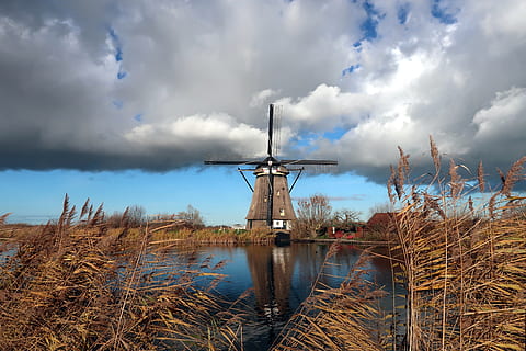 mill, wind mill, kinderdijk, clouds, netherlands, holland, reflection, tourism, windmill, mills, windmills, cloud - sky, sky, renewable energy, alternative energy, nature, wind turbine, fuel and power generation, environment, turbine, wind power, environmental conservation, plant, water, day, traditional windmill, beauty in nature, no people, landscape, land, outdoors, 2K, CC0, public domain, royalty free