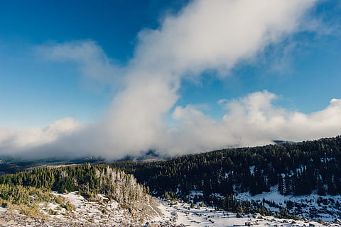 des arbres, forêt, des champs, neige, ciel, des nuages, la nature, paysage, beauté dans la nature, nuage - ciel, paysages - nature, arbre, Montagne, scène tranquille, tranquillité, scène non urbaine, plante, température froide, hiver, environnement, personne, journée, fumée - structure physique, montagne au sommet enneigé, pin, pouvoir dans la nature, 1080P, CC0, domaine public, libre de droits